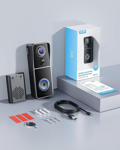 AUE Wireless Video Doorbell Camera 2K HD with Ring Chime, Battery Powered & Night Vision 2-Way Audio PIR Motion Detection 2.4G WiFi + IP66 Waterproof, Compatible with Alexa