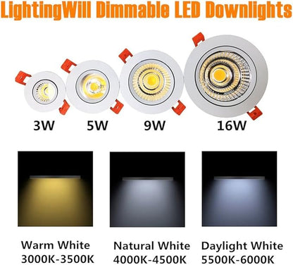 LightingWill 2inch LED Dimmable Downlight, 3W COB Recessed Ceiling Light, Daylight White 5500K-6000K, CRI80, 25W 220LM Halogen Bulbs Equivalent, White (10 Pack)