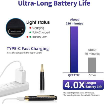 1080P Body Camera Pen, 64GB Metal Spy Pen Hidden Camera, Small Nanny Cam with 280 Minutes Battery Life for Home Indoor Security