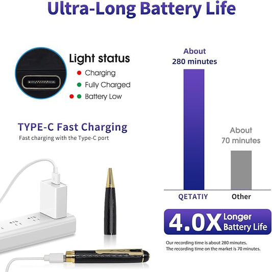 1080P Body Camera Pen, 64GB Metal Spy Pen Hidden Camera, Small Nanny Cam with 280 Minutes Battery Life for Home Indoor Security