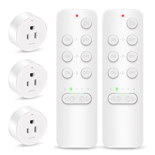Remote Control Outlet, GREENCYCLE Remote Timer Switch, Plug in Light Switch Outlet, 500ft Range, 15A/1500W, for Lights, Fans, Christmas Lights, Household Appliance, 2Remotes 3Outlets