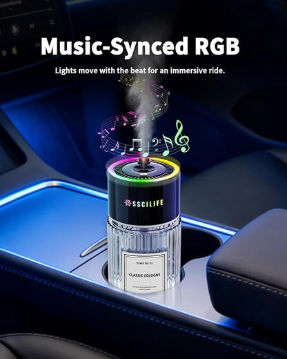 Smart Car Air Freshener with Auto Sensor, Car Aroma Diffuser with RGB Music Syncing Light & Starry Sky Projection, Up to 120 Day Use, 120ML Capacity, Scent: No.01-Classic Cologne