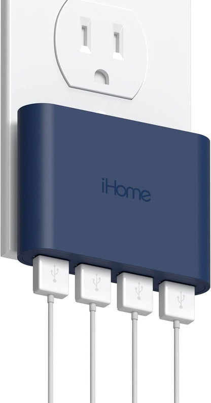 iHome Slim 4-Port USB Wall Charger, Flat Multiport Travel Plug Adapter | Foldable Prongs, 2.4A Rapid Charge Port, Charges iPhone, Android, iPad, AirPods, Travel-Friendly, Charging Block for Home Use