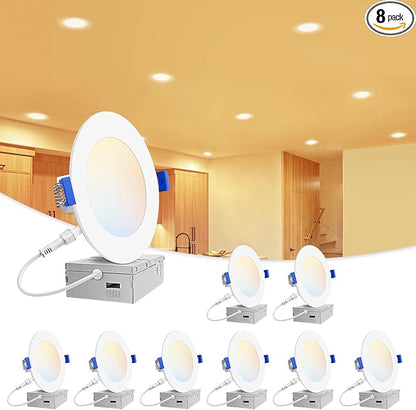 VOLISUN 8 Pack 4 inch Recessed Lighting, 5CCT LED Recessed Light with Junction Box, 2700K-5000K Selectable, 9.5W Eqv 80W, 810LM Dimmable Canless Wafer Downlight, LED Ceiling Light ETL Certificated