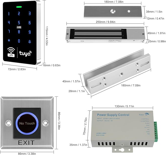 WiFi TUYA Security Access System Kit with Waterproof RFID Keypad Door Lock, App，Smart Remote Door Opener, 600-pound Electric Magnetic Lock + U, Sensor Switch, Doorbell （Frameless Glass Doors）