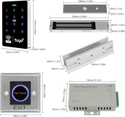 WiFi TUYA Security Access System Kit with Waterproof RFID Keypad Door Lock, App，Smart Remote Door Opener, 600-pound Electric Magnetic Lock + U, Sensor Switch, Doorbell （Frameless Glass Doors）