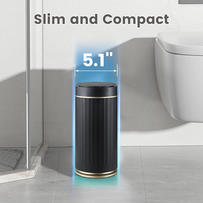 ELPHECO Bathroom Trash Can 2 Gallon Plastic Smart Garbage Can Waterproof Wastebasket Bathroom Decor Narrow Garbage Bin with Automatic lid for Bedroom, Kitchen, Office, Black Gold