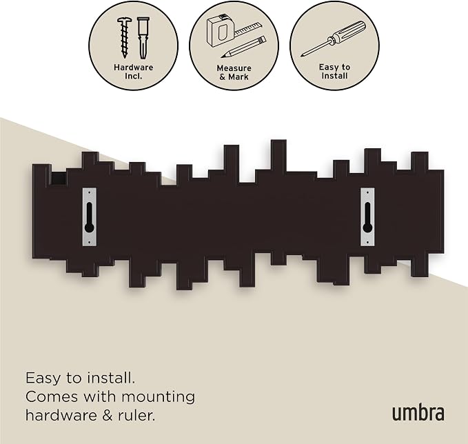Umbra Sticks Wall Mount Coat Rack, 5 Hook Retractable Pegs, Espresso | Mounting hardware included, sculptural modern design, entryway or bedroom use, recycled plastic