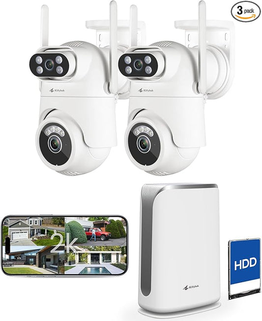 Home Security Camera System Wireless, Dual Lens 2K Security Cameras Wireless Outdoor, 2-Cam Kit, 2.4/5GHz WiFi, 360° PTZ, Auto Tracking, Motion Detection, Night Vision, 10CH NVR with 500GB HDD