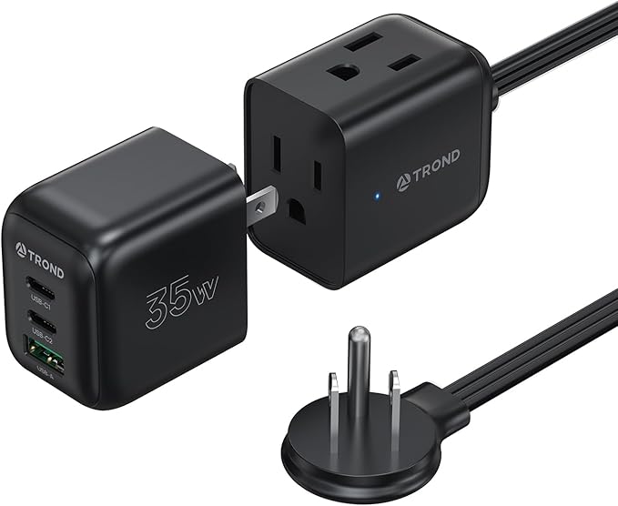 TROND Travel Power Strip with Detachable USB C Ports Fast Charge GaN III PD35W, 5ft Flat Plug Extension Cord with Multiple Outlets, for Home Hotel Dorm Room Cruise Ship Essentials, Black