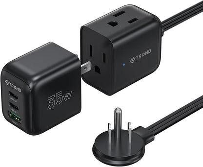 TROND Travel Power Strip with Detachable USB C Ports Fast Charge GaN III PD35W, 5ft Flat Plug Extension Cord with Multiple Outlets, for Home Hotel Dorm Room Cruise Ship Essentials, Black