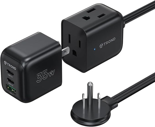 TROND Travel Power Strip with Detachable USB C Ports Fast Charge GaN III PD35W, 5ft Flat Plug Extension Cord with Multiple Outlets, for Home Hotel Dorm Room Cruise Ship Essentials, Black