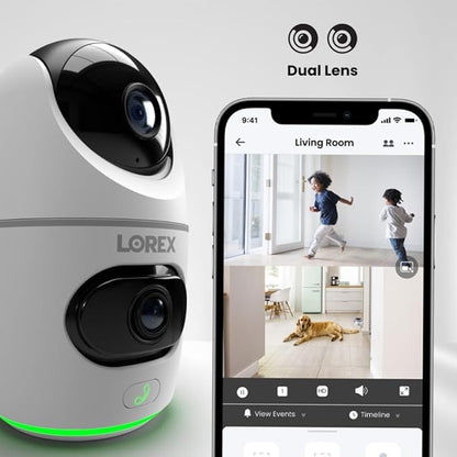 Lorex 2K Dual Lens Indoor Wi-Fi Security Camera | Auto-Tracking | 360° Pan-Tilt | Person & Pet Detection | IR Night Vision | 2-Way Talk | Call Button | Cloud & Local Storage (SD Card not Included)