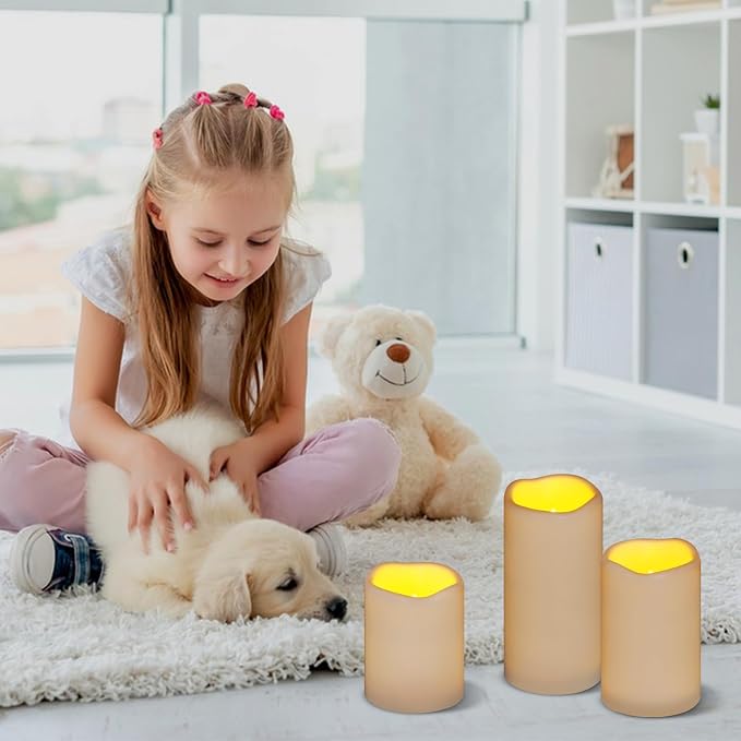 Flameless Candles 4" 5" 6" Outdoor Indoor Pillars Battery Operated Flickering Candles Include 10-Key Remote Timer 400+ Hours by 2 AA Batteries (Ivory Candle - Warm light, 3"D x 4"|5"|6" H - 3 Pack)