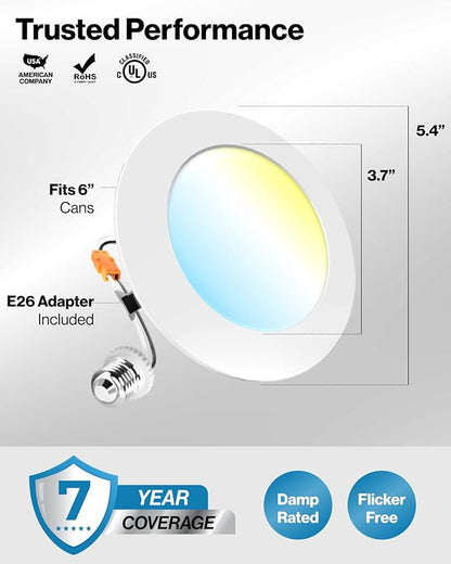 Sunco 6 Pack 4 Inch LED Flat Recessed Light, Retrofit Ceiling Can Lighting, 800 LM, Selectable CCT 2700K/3000K/4000K/5000K, Dimmable, 10W=60W, 50,000 Lifetime Hours UL.