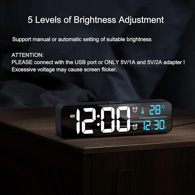 Abovsare Digital Clock for Bedroom, Clocks for Living Room Decor, Desk Table Clock, Alarm Clock Large Display with Date Week Temperature, Automatic Brightness Dimmer, Smart Cool Modern (Black Blue)