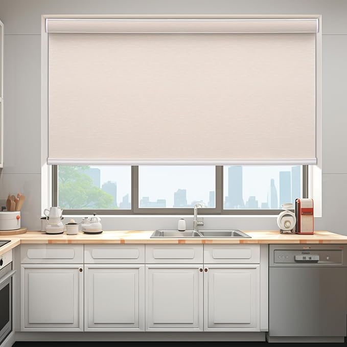 Changshade Custom Size Cordless Roller Shades, Blackout Roller Window Blinds with Thermal Insulated for Office, Living Room, Bedroom, Kitchen, Easy Installation,Beige