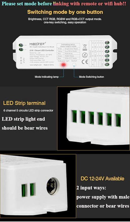 LGIDTECH LS2 LED Strip Lights 5 in 1 Controller,Compatible with Single Color,RGB,RGBW,WW+CW,RGB+CCT LED Strip Lights,Smartphone APP Control via Gateway(Excluded)