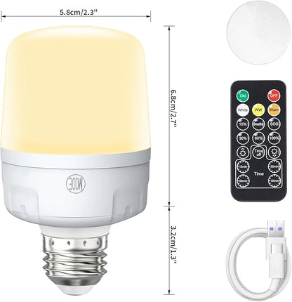 Qoollife E26 Rechargeable Light Bulbs with Remote Control, Battery Operated Light Bulb 9W 2000mAh, 4 Timer Settings for Lamp Lamps Tent Closet Camping USB Battery Powered Light Bulbs (1-Pack)