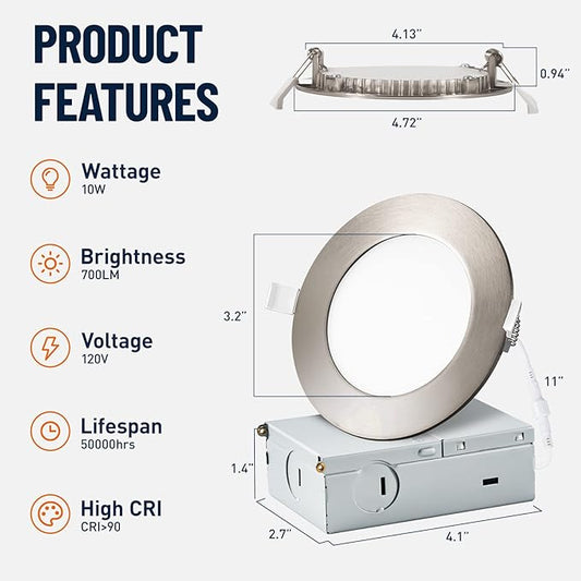 12 Pack Recessed Lighting 4 Inch with Junction Box, 5CCT 4 Inch Brushed Nickel LED Recessed Lights Dimmable 2700K-6000K, 9W 700lm Ultra Thin Recessed Lighting - ETL and Energy Star Certified