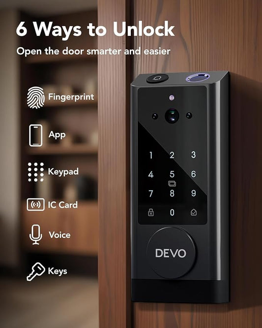 DEVO G1 Video Smart Lock with Camera & Doorbell, 6-in-1 Keyless Entry Door Lock for Front Door with Fingerprint, Auto Locks, App Remote, Wi-Fi Smart Deadbolt Black