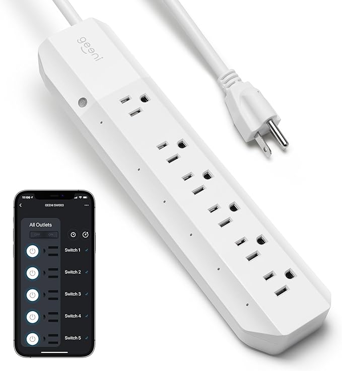Geeni Smart Surge Protector 6-Outlet Power Strip – Wi-Fi Enabled with Voice Control (Alexa, Google Assistant), Surge Protection, 3ft Extension Cord, Remote Access