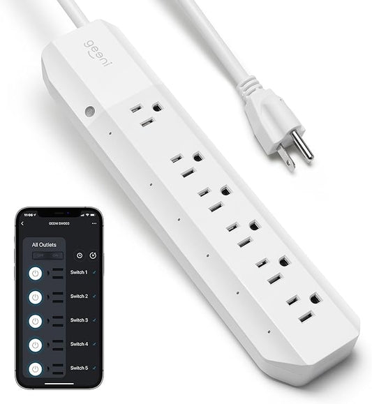 Geeni Smart Surge Protector 6-Outlet Power Strip – Wi-Fi Enabled with Voice Control (Alexa, Google Assistant), Surge Protection, 3ft Extension Cord, Remote Access
