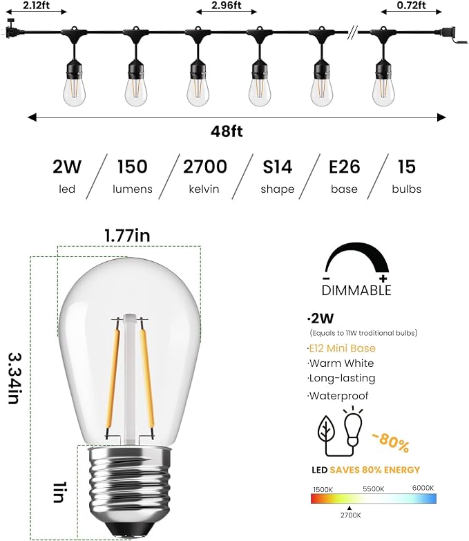Svater 96 FT Outdoor String Lights 2W, Patio Light for Outside Waterproof | (48*2) Antique S14 Shatterproof LED Lighting, IP65 Connectable Hanging Bistro Cafe Market Warm White 2700K