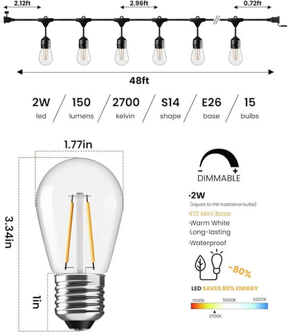 Svater 96 FT Outdoor String Lights 2W, Patio Light for Outside Waterproof | (48*2) Antique S14 Shatterproof LED Lighting, IP65 Connectable Hanging Bistro Cafe Market Warm White 2700K