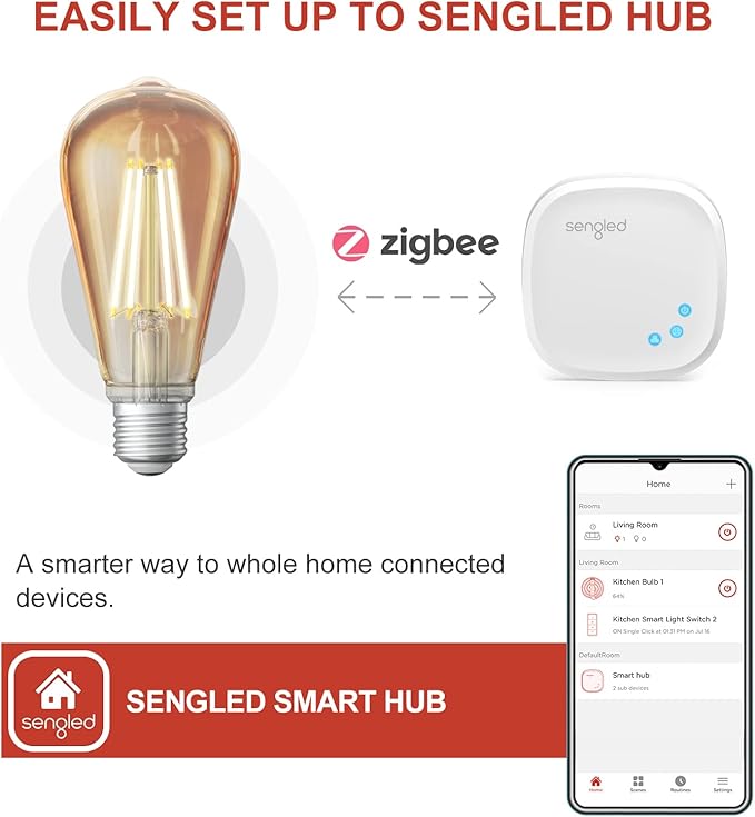 Sengled Zigbee Smart Edison Bulbs, Smart Hub Required, Work with SmartThings and Echo with Built-in Hub, Voice Control with Alexa and Google Home, Amber Warm 2000K LED E26 Edison Bulb, 60W Eqv. 6 Pack