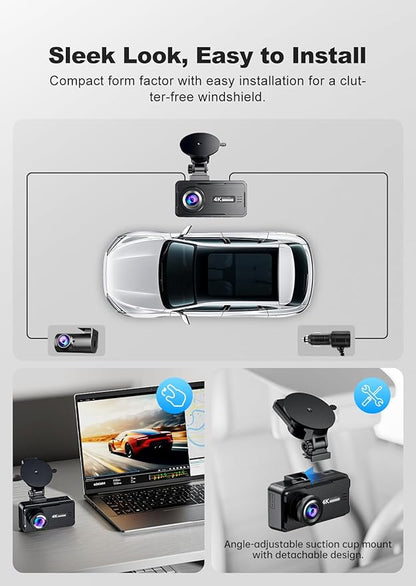 JOMISE 4K Dash Cam,5G WiFi Car Camera Built-in GPS,4K+1080P Dash Cam Front and Rear Inside,170° Wide Angle dashcam,24H Parking Mode with Loop Recording, Night Vision, 64GB Card,3-Inch Screen,Max 256GB