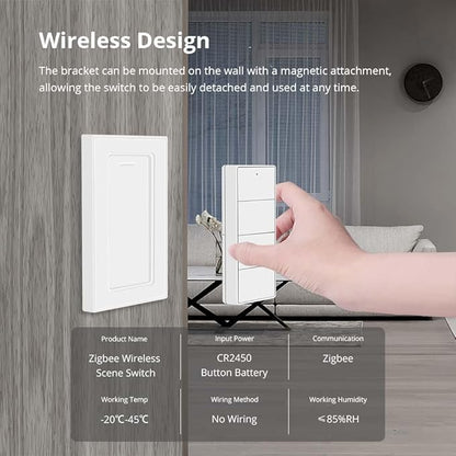 Wireless Zigbee Smart Button, 4-Way Remote Control Button Switch for Smart Home Devices, Scene Controller, Compatible with Tuya, Home Assistant, Homey, Hubitat, Requires Tuya Zigbee Hub