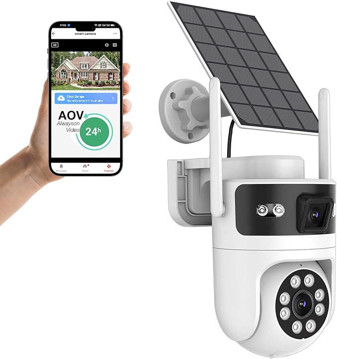 6MP Dual Lens Solar Security Cameras Wireless Outdoor, AOV 24/7 Recording Cameras for Home Security with 360° View, APP Alarm, Auto Tracking, Night Vision, Dual-Band WiFi, IP65, 8W Solar Panel