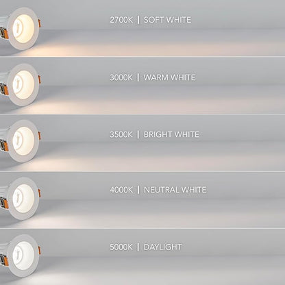 Maxxima 2 in. Ultra-Thin Recessed Anti-Glare LED Downlight - Canless IC Rated, 5 Color Temperature Selectable 2700K/3000K/3500K/4000K/5000K, Dimmable, Round White Trim, 90 CRI