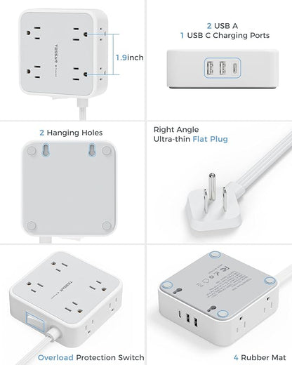 TESSAN Surge Protector Power Strip, 15 Ft Flat Plug Extension Cord with 3 USB (1 USB C) 8 Outlets, 1250W, 900J Protection, 3 Sided Outlet Extender with Power Switch for Office, Dorm Room, Grey