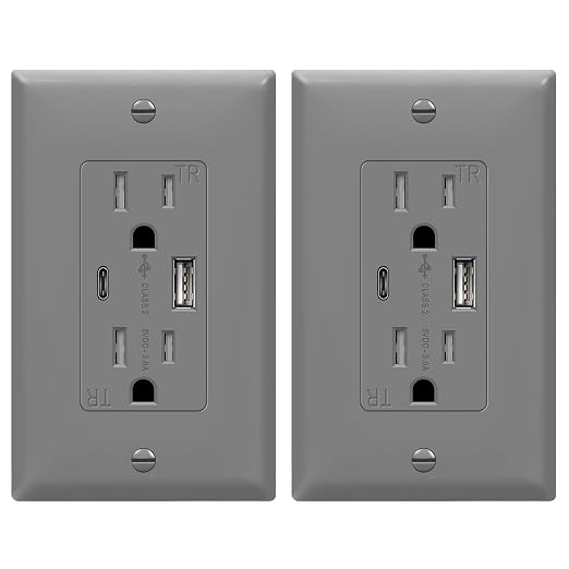 TOPGREENER 2-Port USB Outlet, 4.2A Type C USB Wall Outlet, Gray, 2 Pack | UL Listed, 15 Amp TR Receptacle Plug, USB Receptacle, Charging Power Outlet with USB C&A Ports, Wall Plate Included