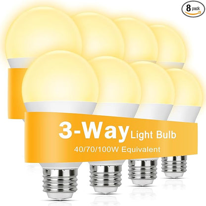 3 Way Light Bulbs 40 70 100W Equivalent Soft White 3000K, 4/8/12W Dimmable 3 Way LED Light Bulbs, E26 Medium Base, A19 3 Way Light Bulb for Reading, Indoor Living Room Bedroom Office Kitchen, 8-Pack