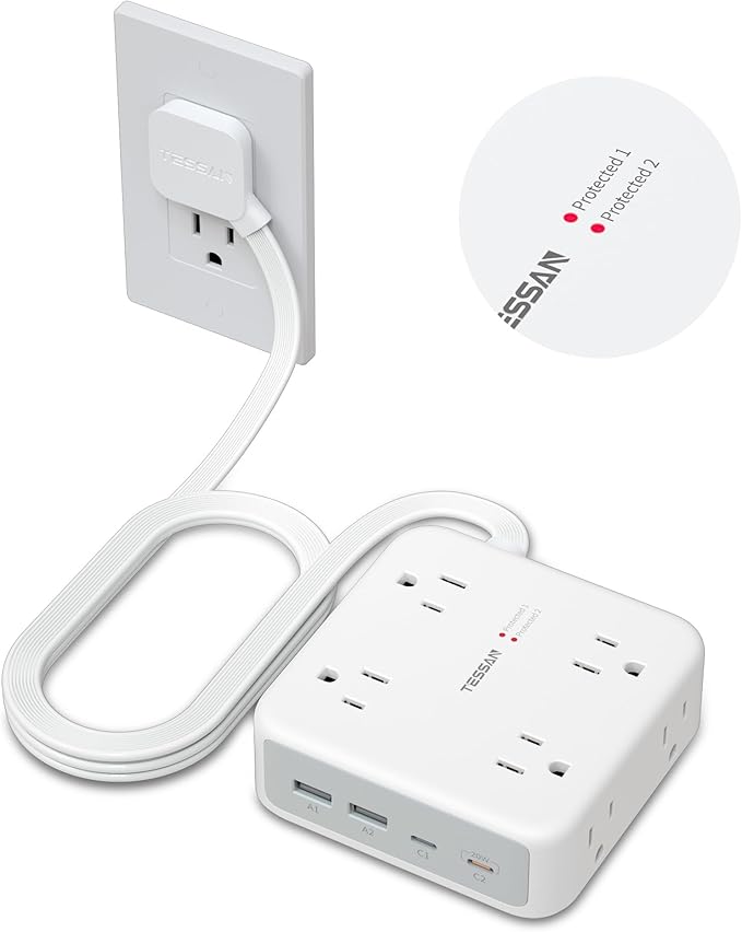 TESSAN Dual Surge Protector Power Strip, 5 Ft Extension Cord Flat Wall Plug with 4 USB (2 USB C) 8 Outlets, 2100J Protection, 1875W 15A, 20W Multiple Charging Station for Home, Office, Dorm, Grey