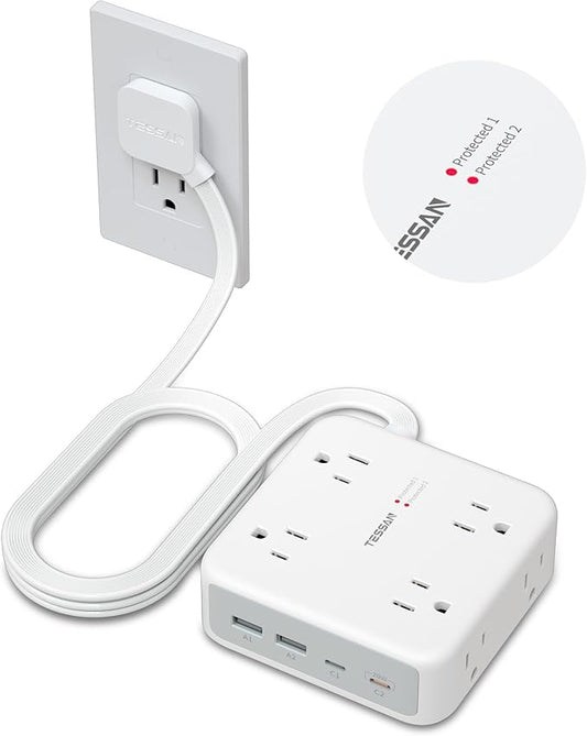TESSAN Dual Surge Protector Power Strip, 5 Ft Extension Cord Flat Wall Plug with 4 USB (2 USB C) 8 Outlets, 2100J Protection, 1875W 15A, 20W Multiple Charging Station for Home, Office, Dorm, Grey