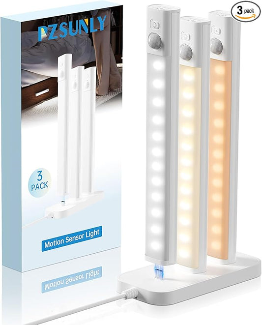 Under Cabinet Lighting with Charging Station,Rechargeable Motion Sensor Light Indoor,LED Closet Lights,3 Colors Dimmable,Magnetic for Kitchen,Wardrobe,Bedroom,Drawer 3Pack