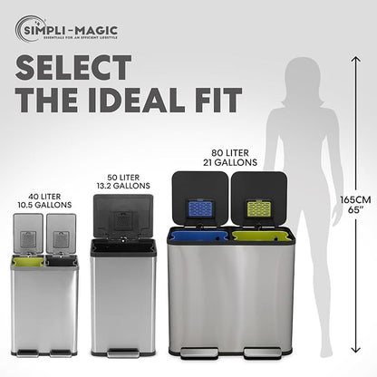 SIMPLI-Magic 21 Gallon (80L) Dual Compartment Kitchen Trash Can - Hands-Free Step Pedal, Soft-Close Lid, Stainless Steel Recycling Bin with Odor Filter (40L + 40L)