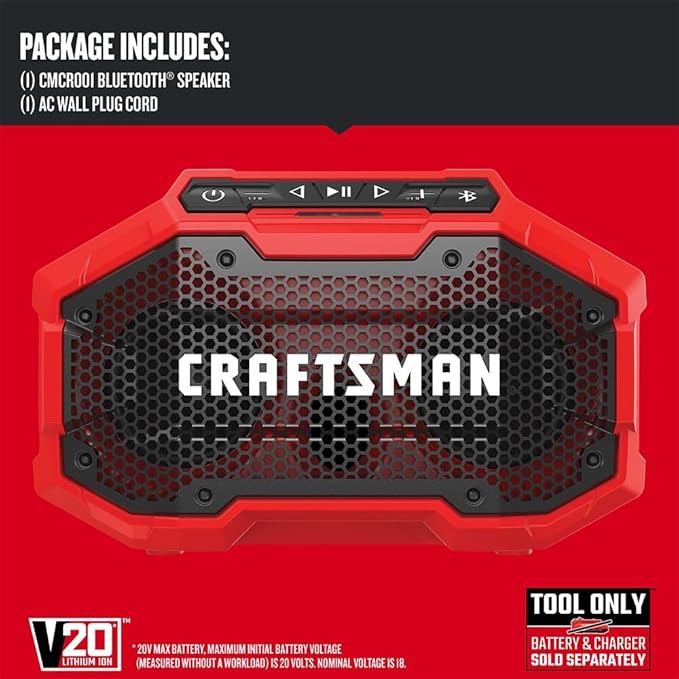 CRAFTSMAN V20 Wireless Portable Bluetooth Speaker, Tool Only (CMCR001B), Red