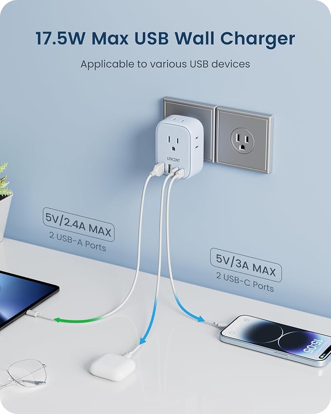 LENCENT Multi Plug Outlet Extender with USB C, Electrical Outlet Expander | with 4 AC & 4 USB Charger Cube, Small Multiple Wall Tap Plug Splitter for Home Office Travel Dorm Essentials - Blue