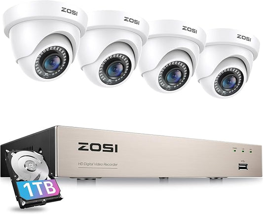 ZOSI H.265+ 8CH 5MP Lite DVR Kit with 1TB Hard Drive and 4 Outdoor Cameras, Motion Detection & Instant Alerts, Remote Access