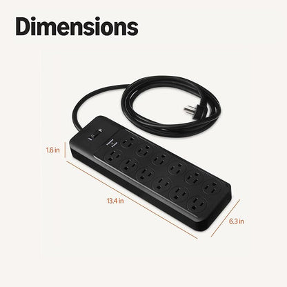 Amazon Basics 12-Outlet Surge Protector Power Strip, 4000 Joules, 8ft Extension Cord, Rectangle, for Home, Office, Gaming Room, Black (Pack of 2)