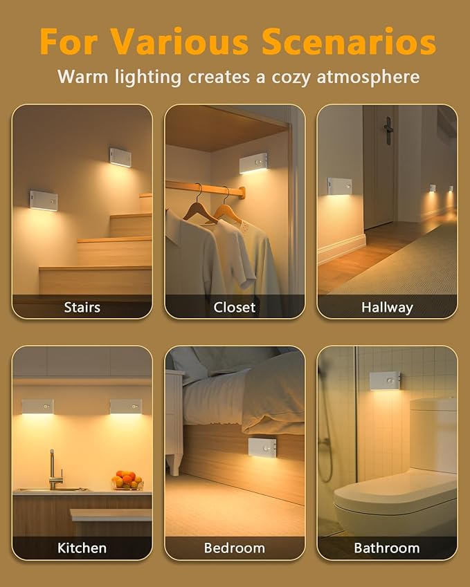 WILLED Rechargeable Night Lights, Warm White Motion Sensor Night Lights, Wireless Stair Lights Indoor for Stairway, Hallway, Kitchen, Closet, Cabinet, Bedroom, Kids' Room(8-Pack)