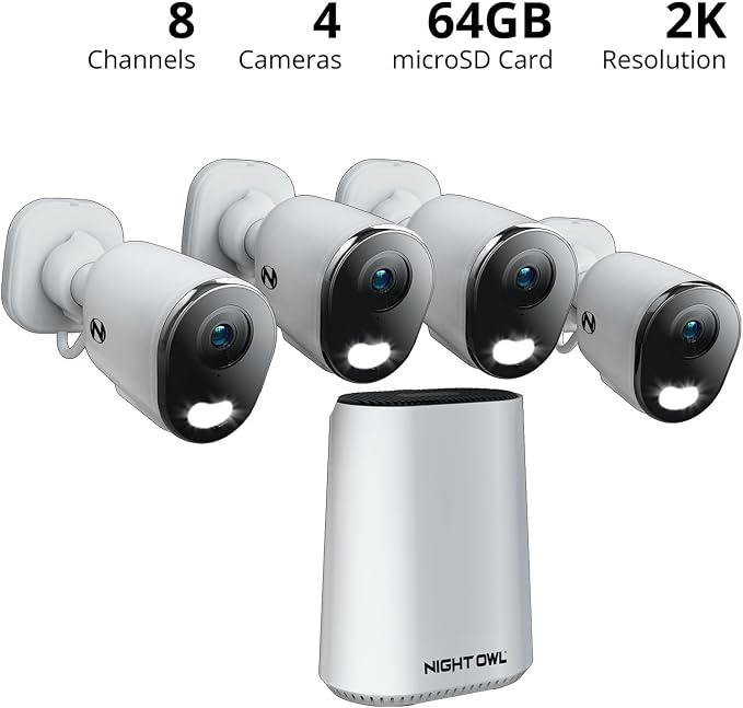 Night Owl 4K Wi-Fi Security Hub System with 4X 2K AC Powered Indoor/Outdoor Wi-Fi Cameras, 64GB MicroSD, Motion Alerts, Remote Viewing, No Monthly Fees
