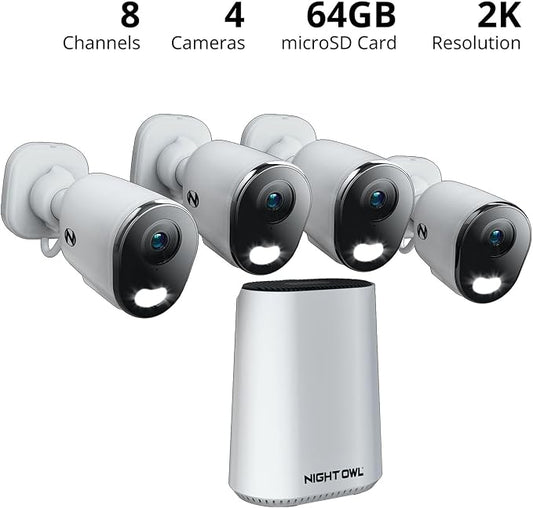 Night Owl 4K Wi-Fi Security Hub System with 4X 2K AC Powered Indoor/Outdoor Wi-Fi Cameras, 64GB MicroSD, Motion Alerts, Remote Viewing, No Monthly Fees