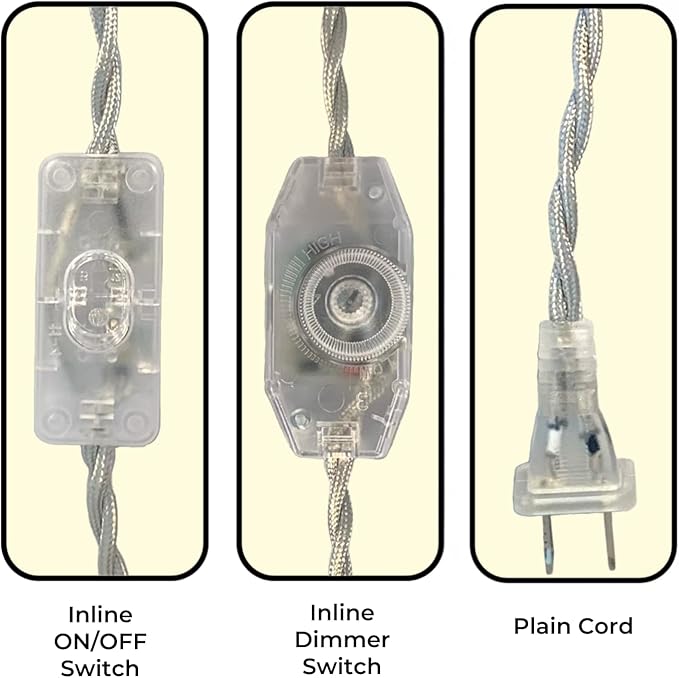 Royal Designs, Inc. 8Ft Twisted Rayon Lamp Cord with NEMA-15P Plug, Rotary Dimmer Switch, Stripped Ends Ready for Wiring, SPT-1 UL Listed, Silver - Pack of 1
