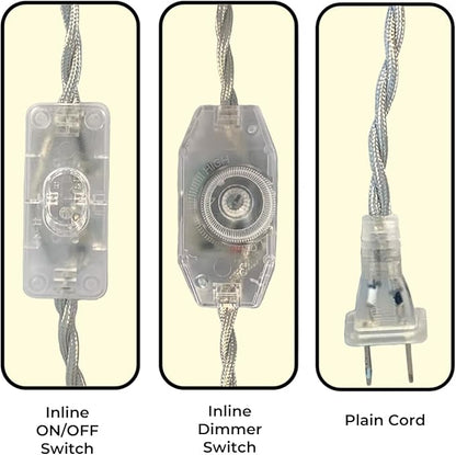 Royal Designs, Inc. 8Ft Twisted Rayon Lamp Cord with NEMA-15P Plug, Rotary Dimmer Switch, Stripped Ends Ready for Wiring, SPT-1 UL Listed, Silver - Pack of 1